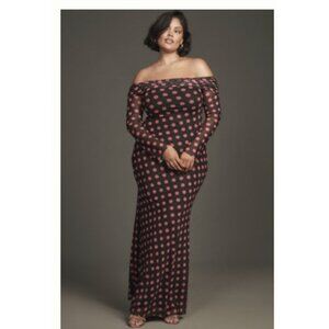 AFRM Long-Sleeve Off-The-Shoulder Mesh Maxi Dress Polka Dot 2X